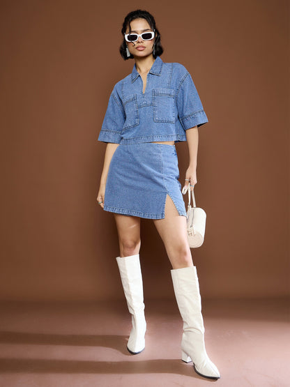 Women Blue Blast Denim Front Slit Skorts