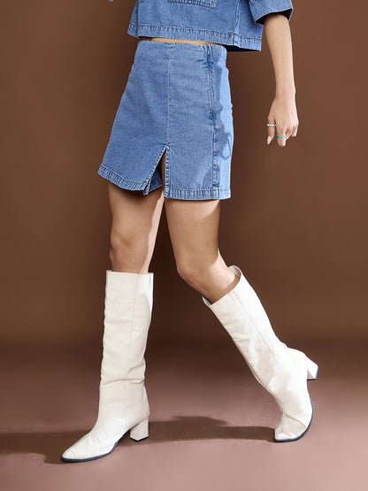 Women Blue Blast Denim Front Slit Skorts