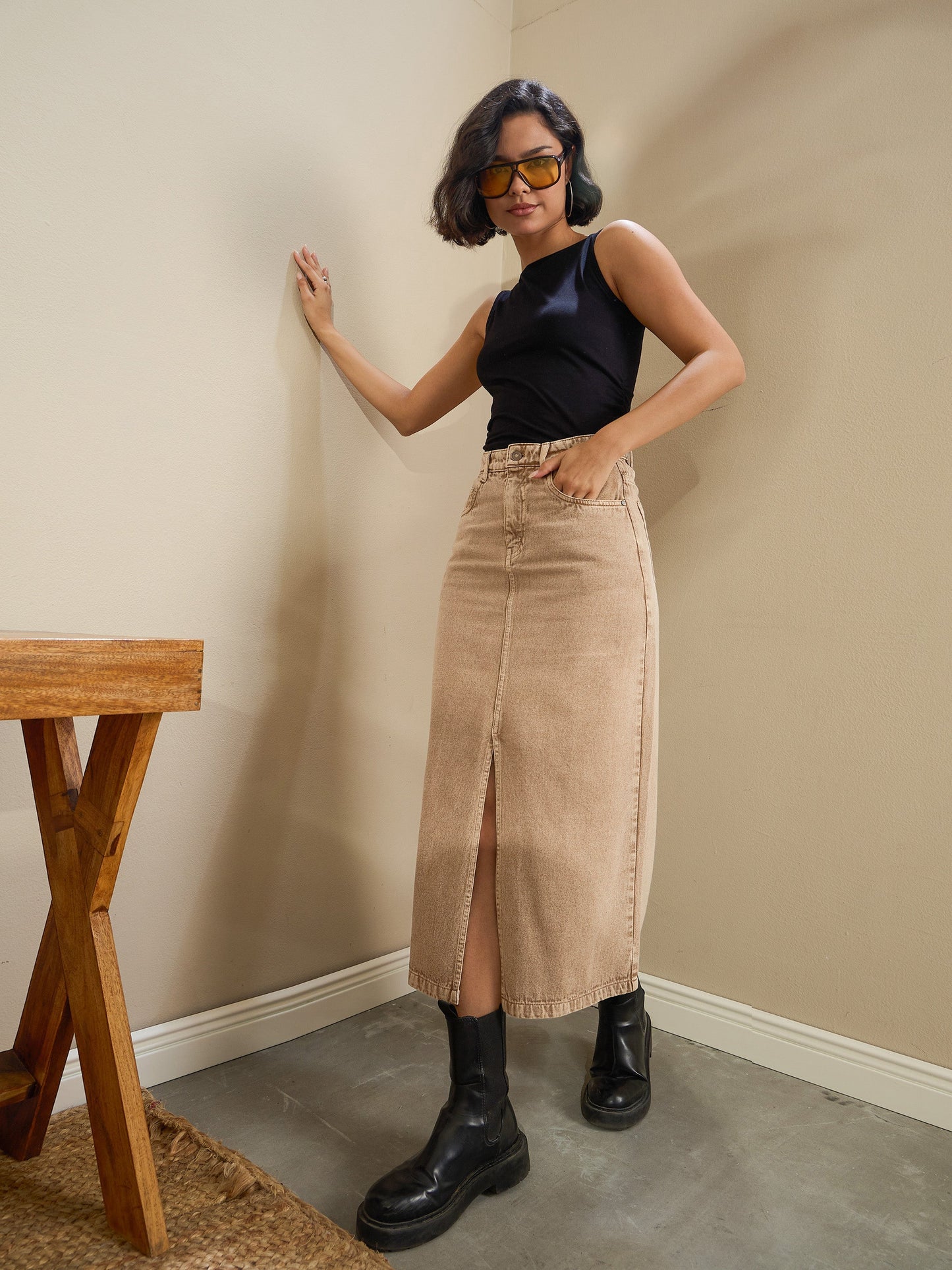 Women Beige Front Slit Midi Skirt