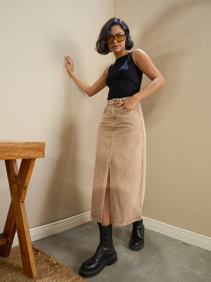 Women Beige Front Slit Midi Skirt