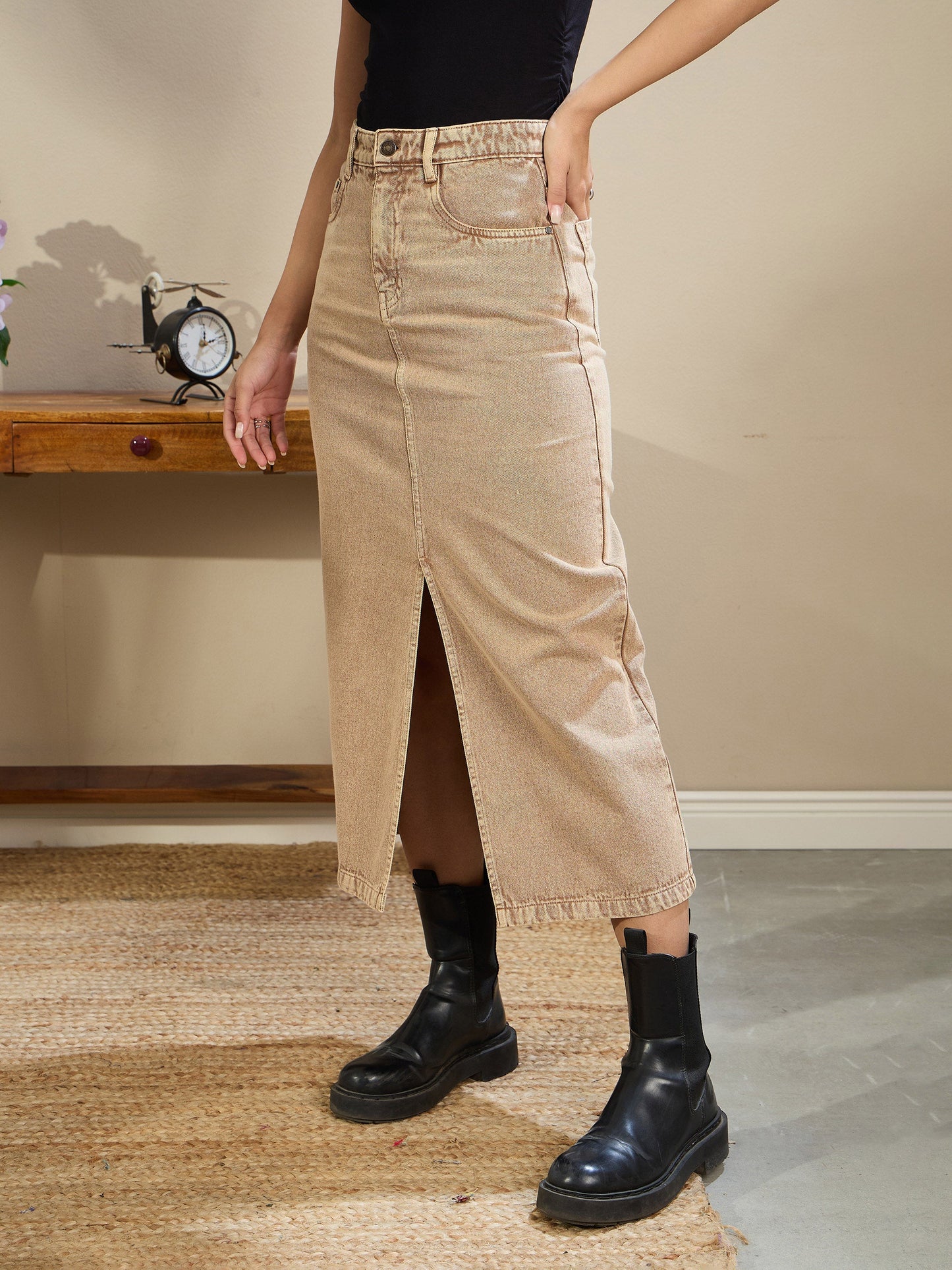 Women Beige Front Slit Midi Skirt