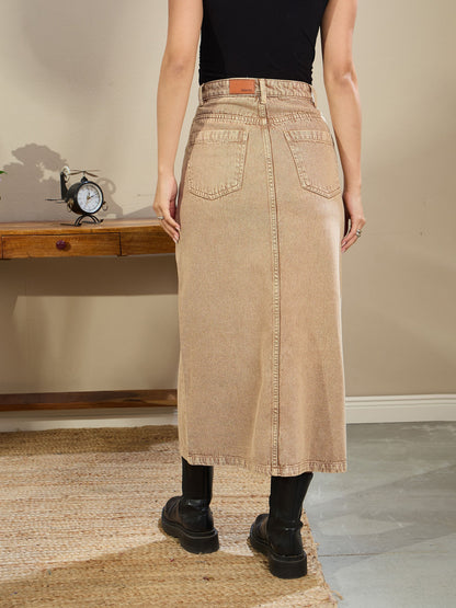 Women Beige Front Slit Midi Skirt