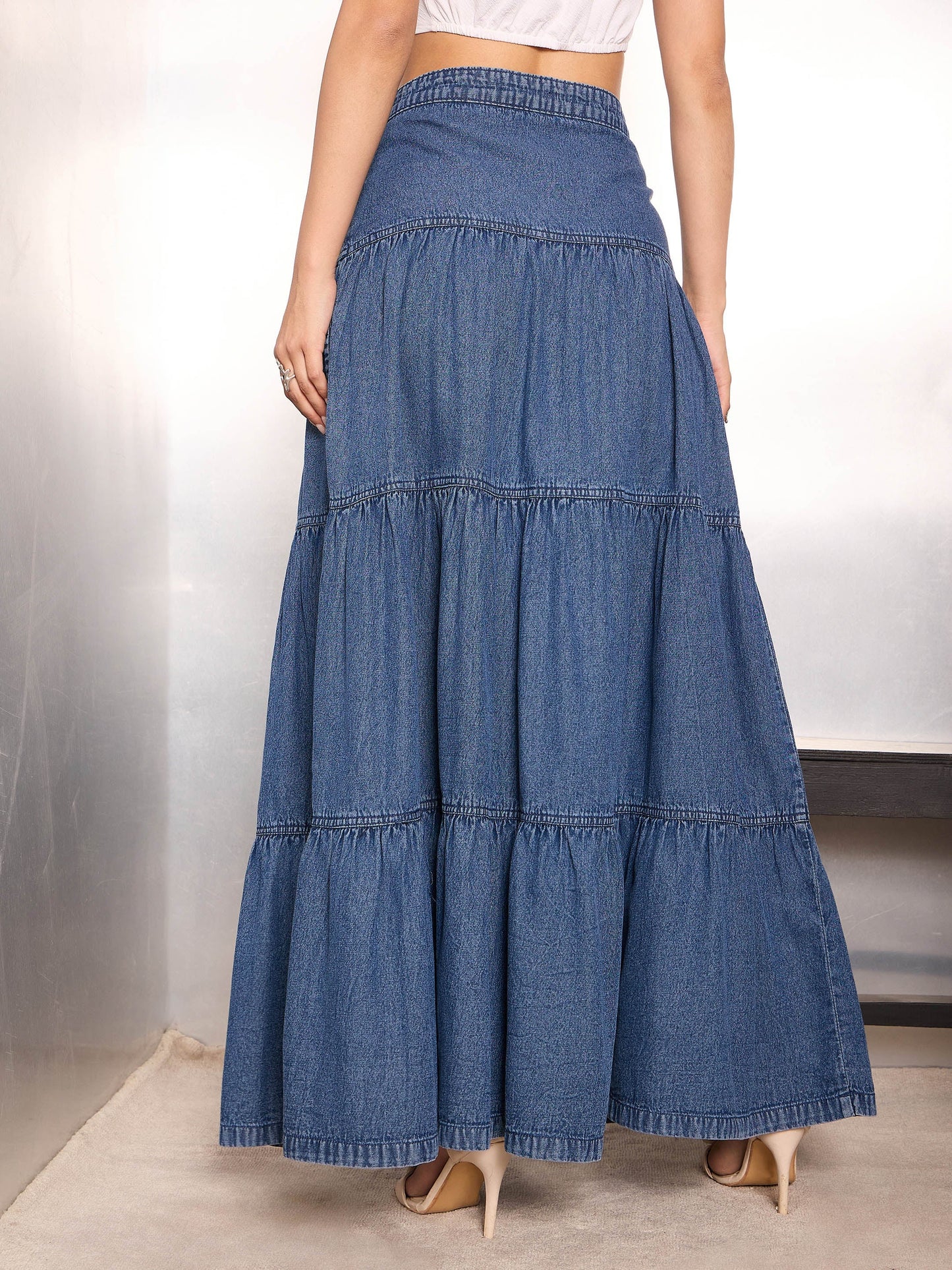Women Blue Washed Denim Tiered Maxi Skirt