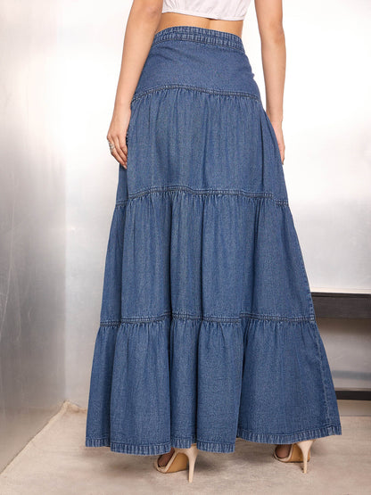 Women Blue Washed Denim Tiered Maxi Skirt