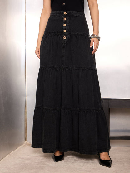 Women Black Washed Denim Tiered Maxi Skirt