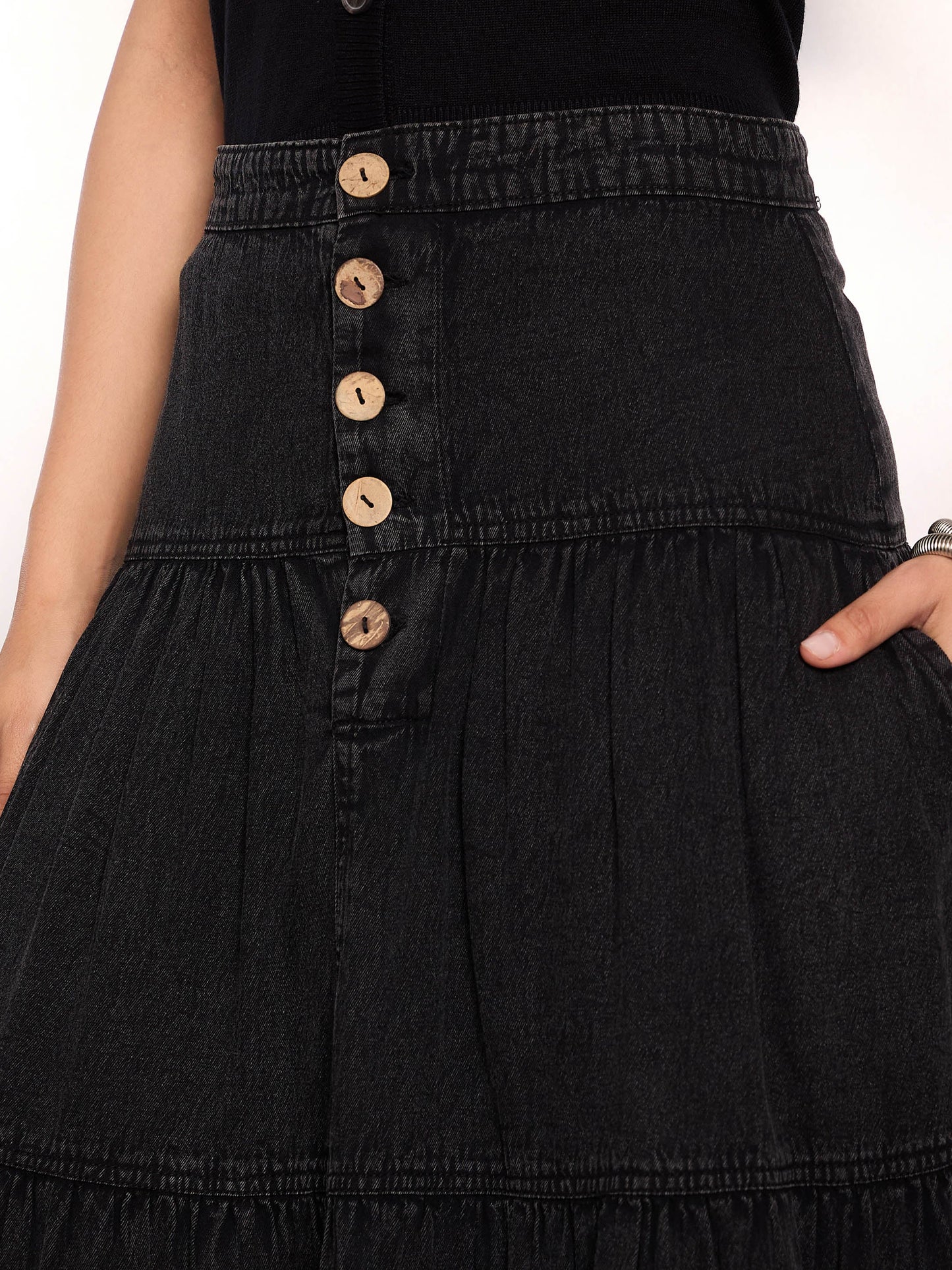 Women Black Washed Denim Tiered Maxi Skirt