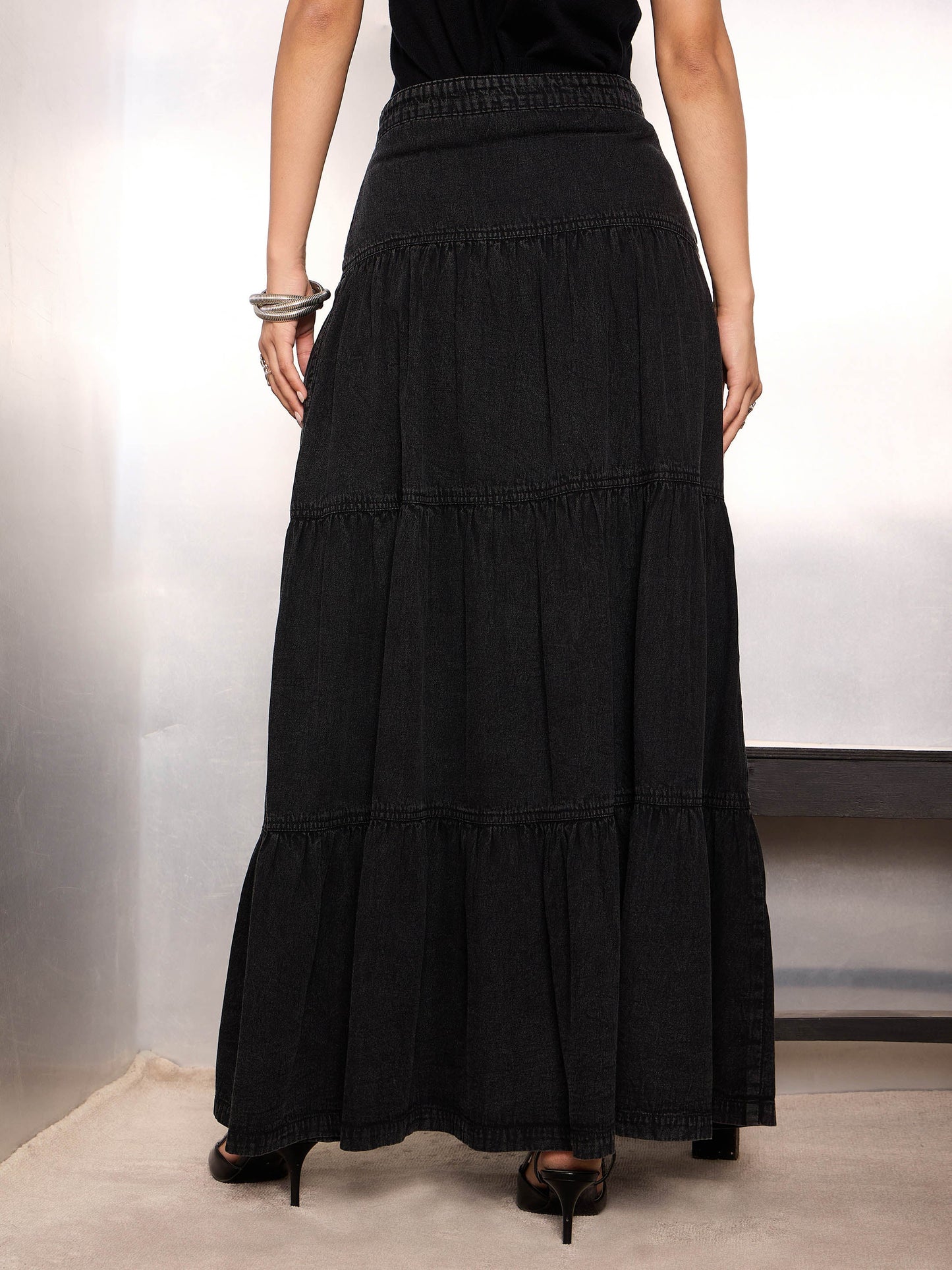 Women Black Washed Denim Tiered Maxi Skirt