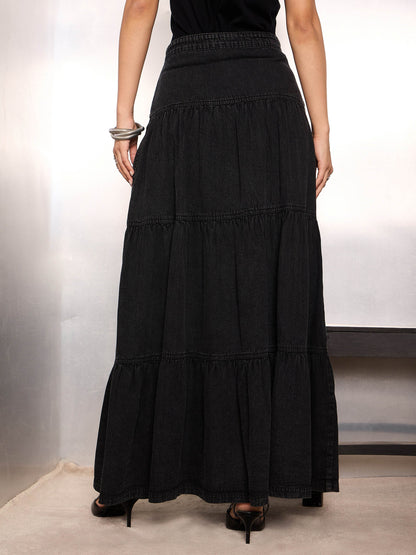Women Black Washed Denim Tiered Maxi Skirt