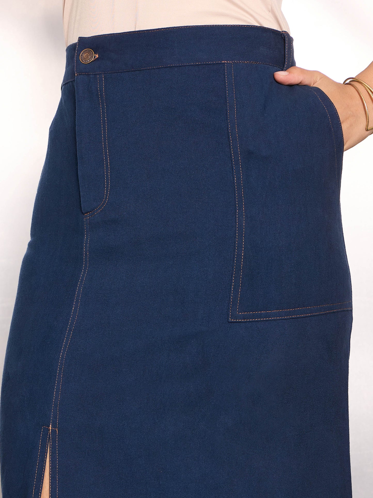 Navy Blue Twill Contrast Hem Pencil Skirt
