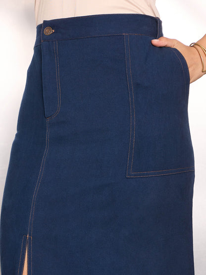 Navy Blue Twill Contrast Hem Pencil Skirt
