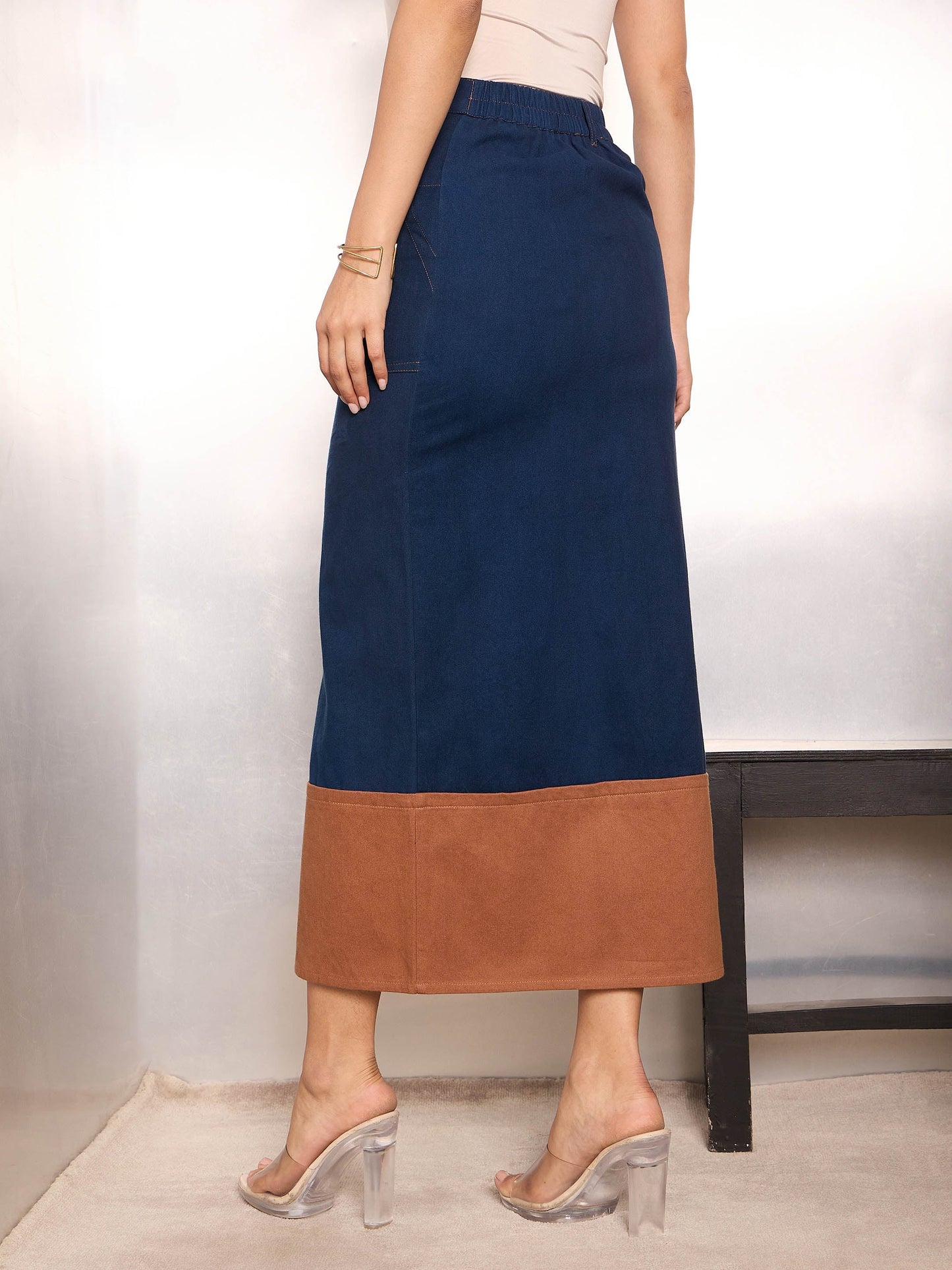 Navy Blue Twill Contrast Hem Pencil Skirt