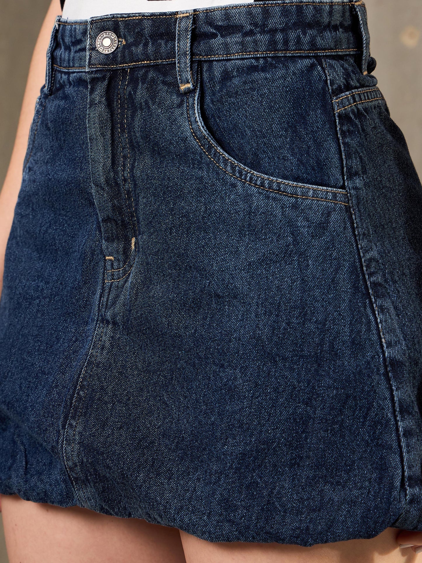 Blue Washed Denim Balloon Hem Short Skirt