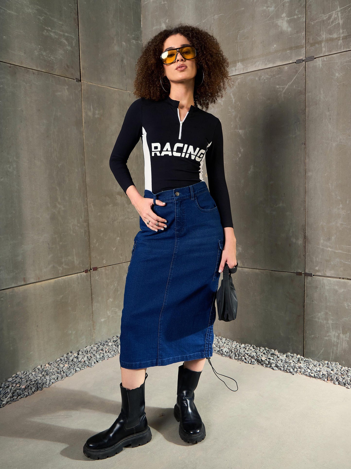 Women Navy Blue Denim Side Ruching Pencil Skirt