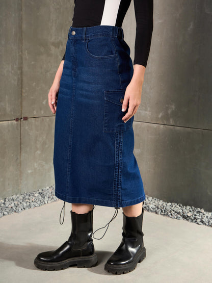 Women Navy Blue Denim Side Ruching Pencil Skirt