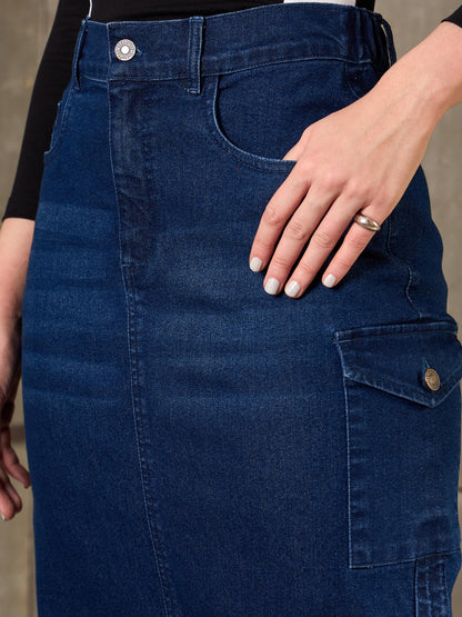 Women Navy Blue Denim Side Ruching Pencil Skirt