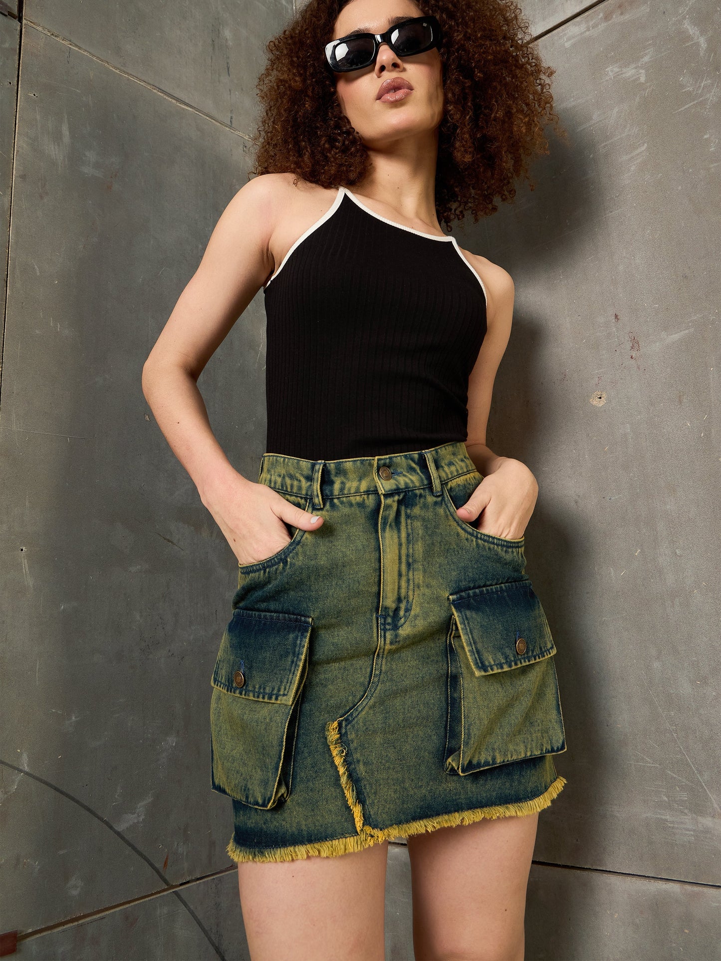 Women Green Washed Denim Fring Mini Skirt