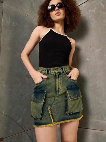 Women Green Washed Denim Fring Mini Skirt