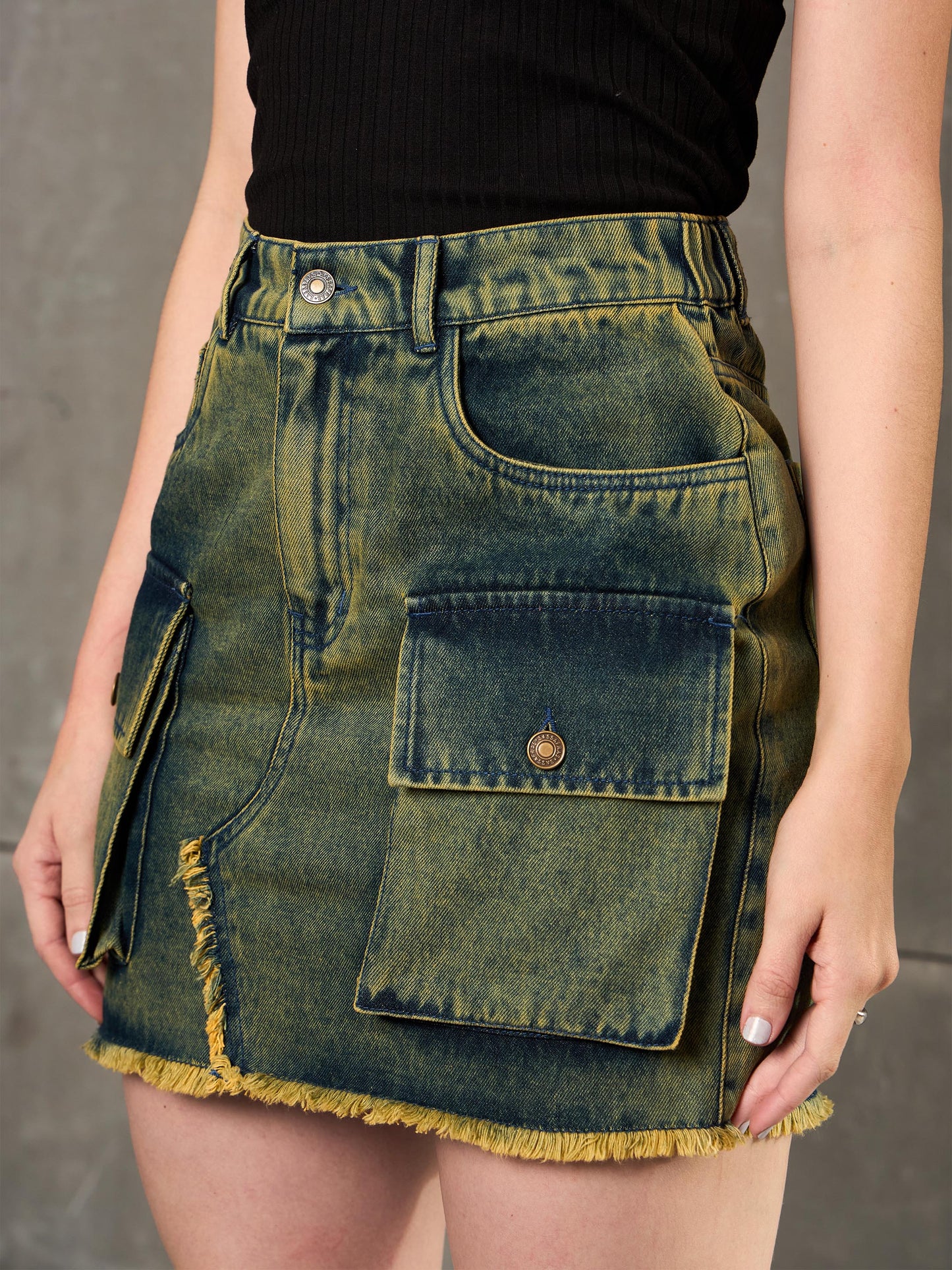 Women Green Washed Denim Fring Mini Skirt