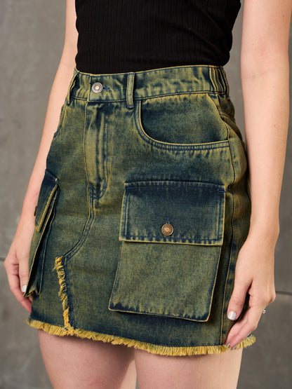Women Green Washed Denim Fring Mini Skirt