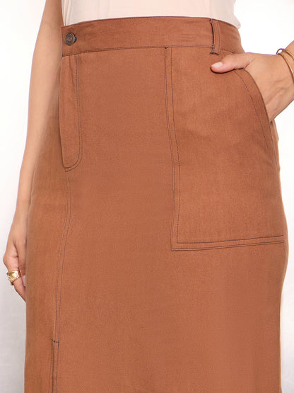 Rust Twill Contrast Hem Pencil Skirt