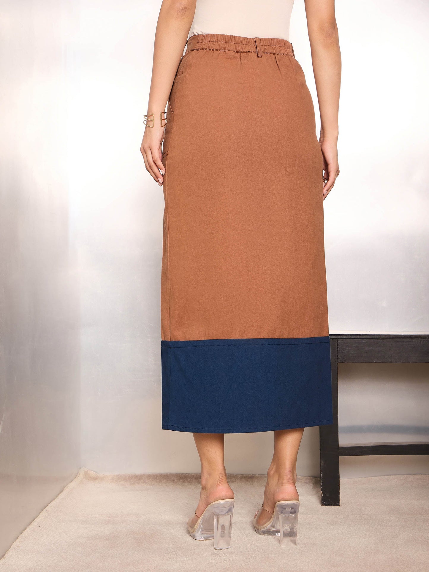 Rust Twill Contrast Hem Pencil Skirt