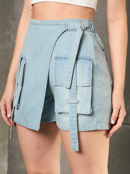 Blue Denim Wrap Tie-Up Skorts