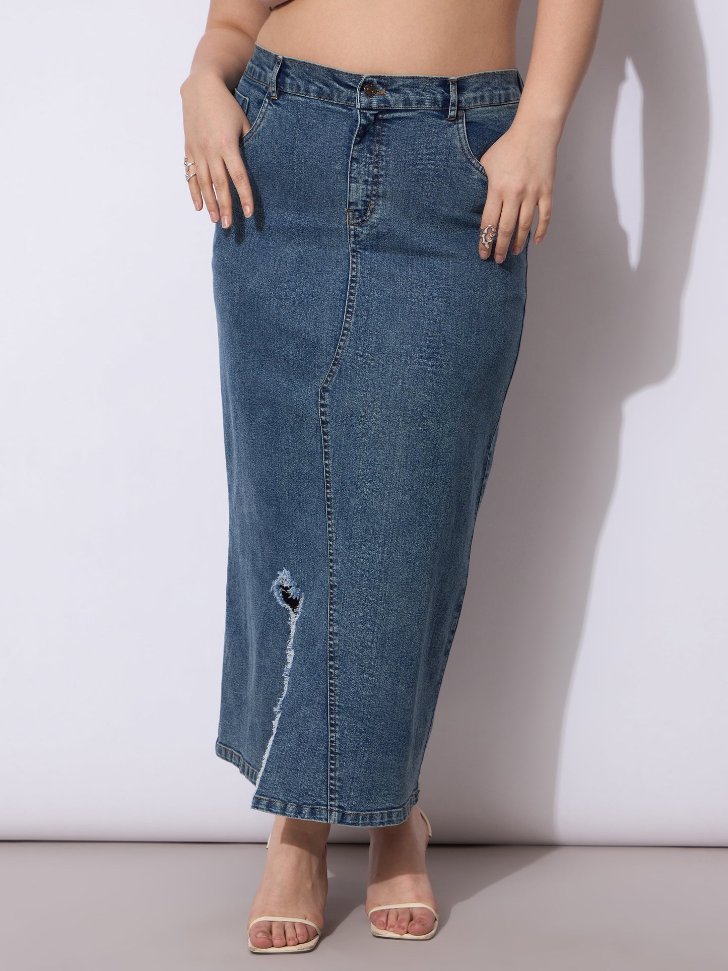Blue Acid Denim Wash Front Slit Skirt
