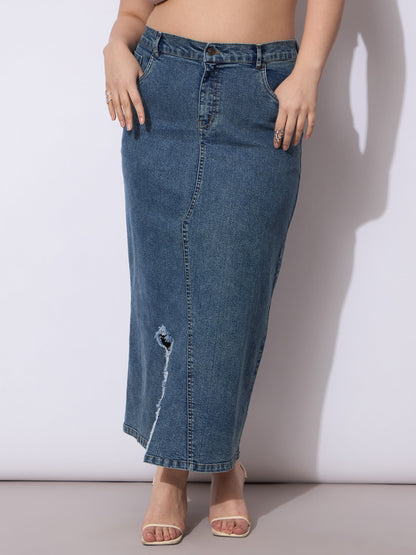 Blue Acid Denim Wash Front Slit Skirt