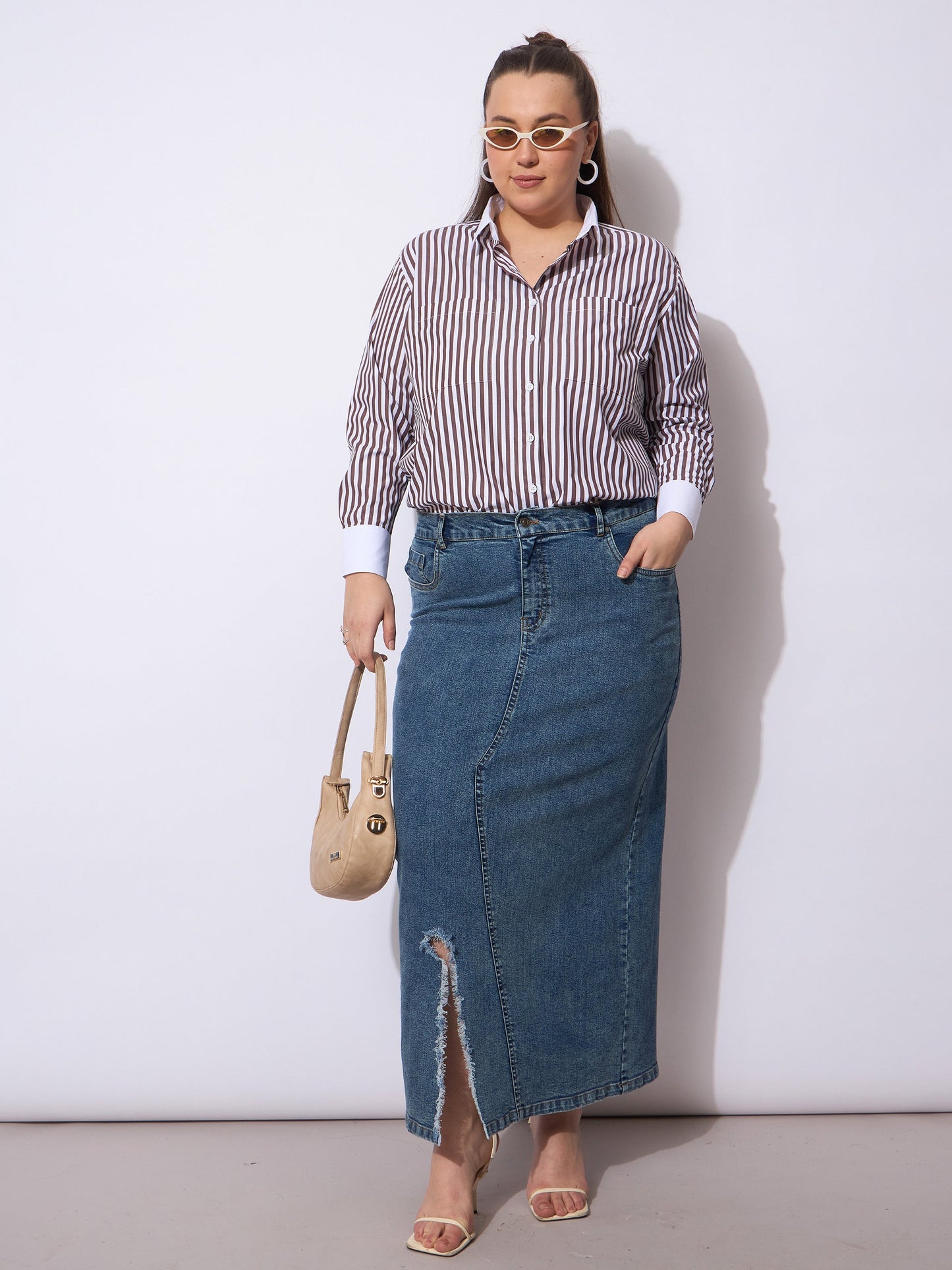 Blue Acid Denim Wash Front Slit Skirt