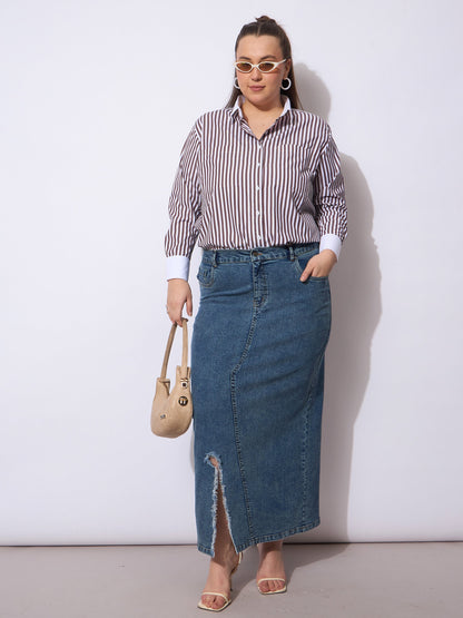 Blue Acid Denim Wash Front Slit Skirt