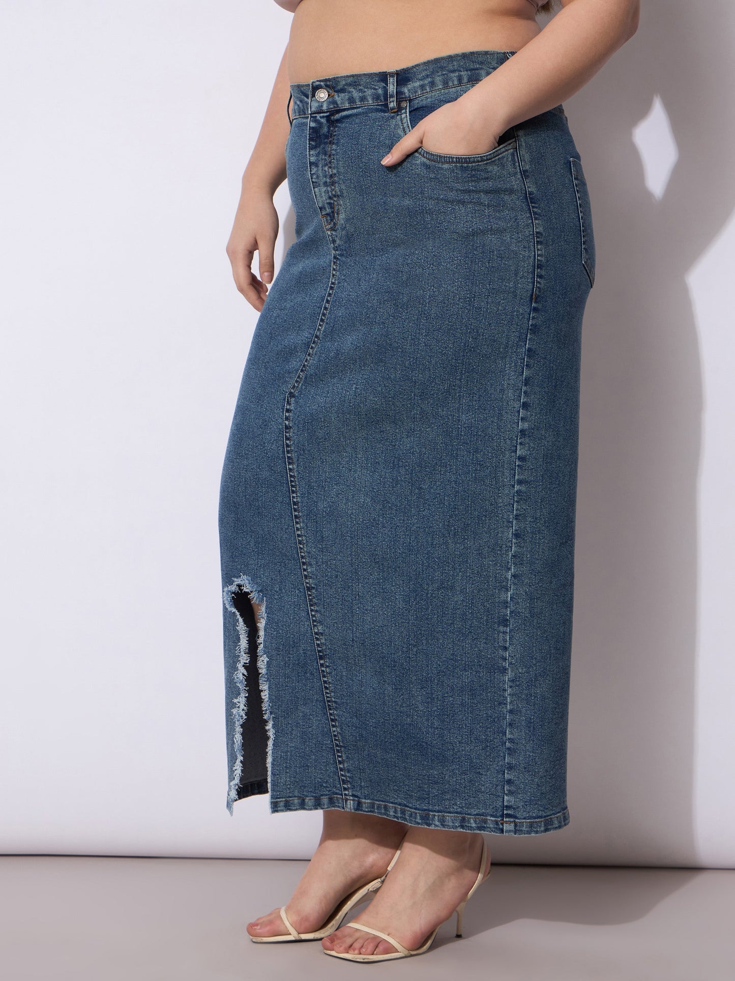 Blue Acid Denim Wash Front Slit Skirt