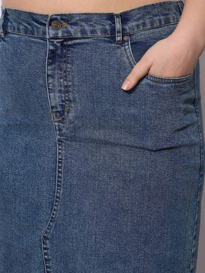 Blue Acid Denim Wash Front Slit Skirt