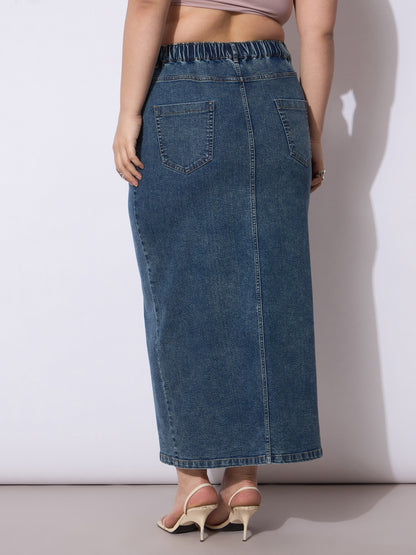 Blue Acid Denim Wash Front Slit Skirt