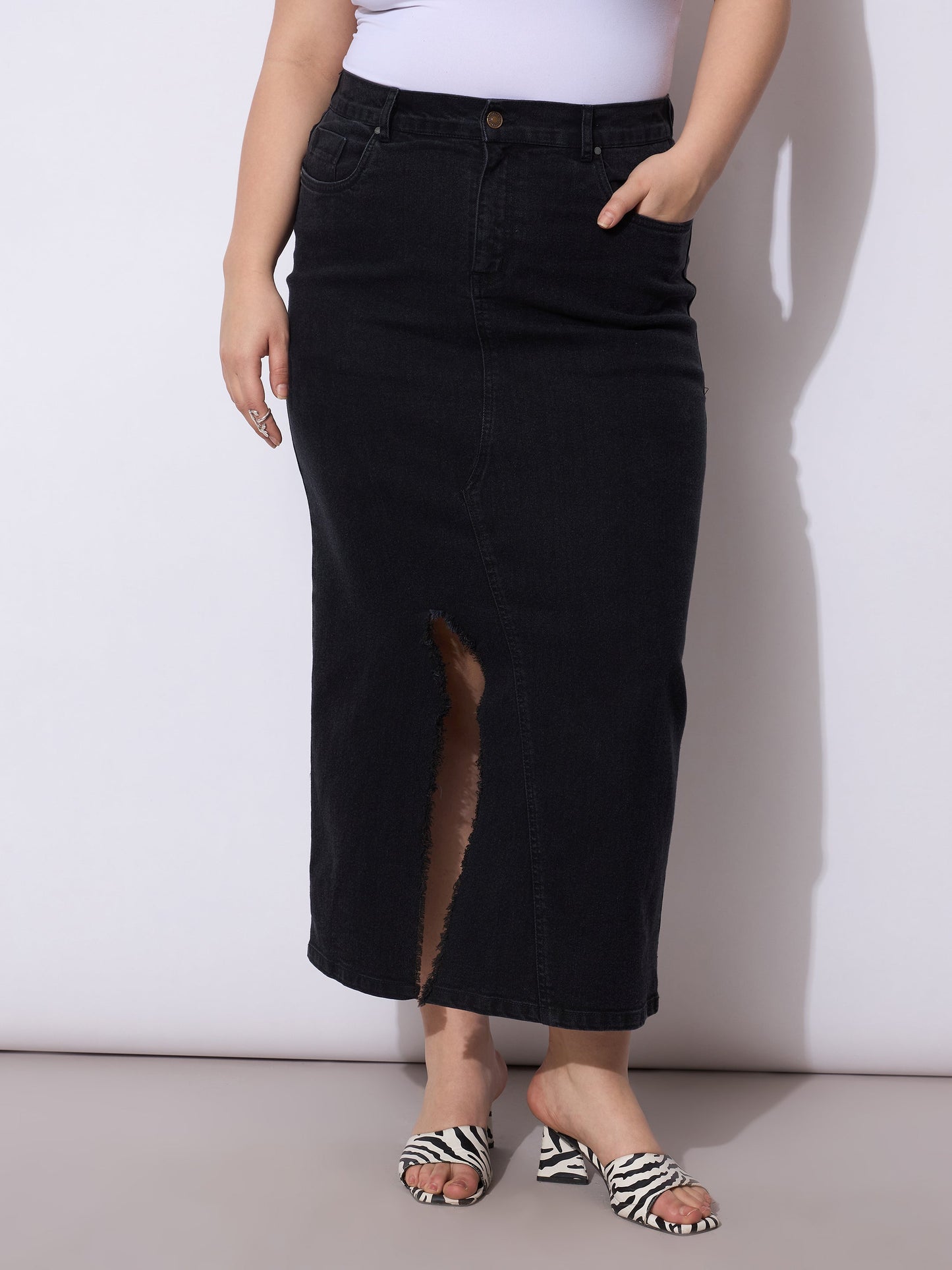 Plus size women's Black Denim Black Wash Denim Front Slit Skirt by Sassafras Curve for wholesale buyers, boutiques, resellers and bulk orders from