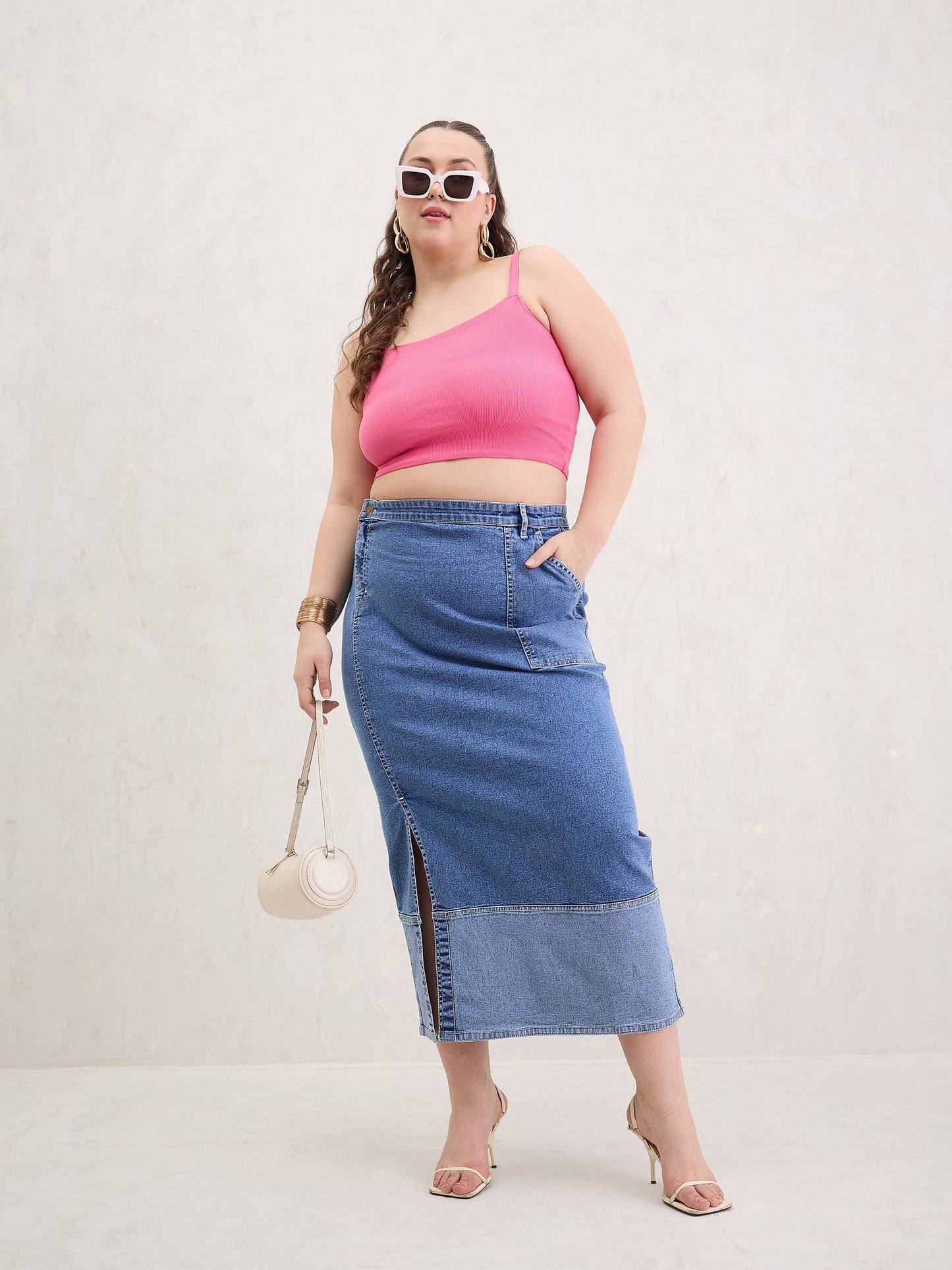 Ice Blue Denim Side Slit Skirt-SASSAFRAS Curve