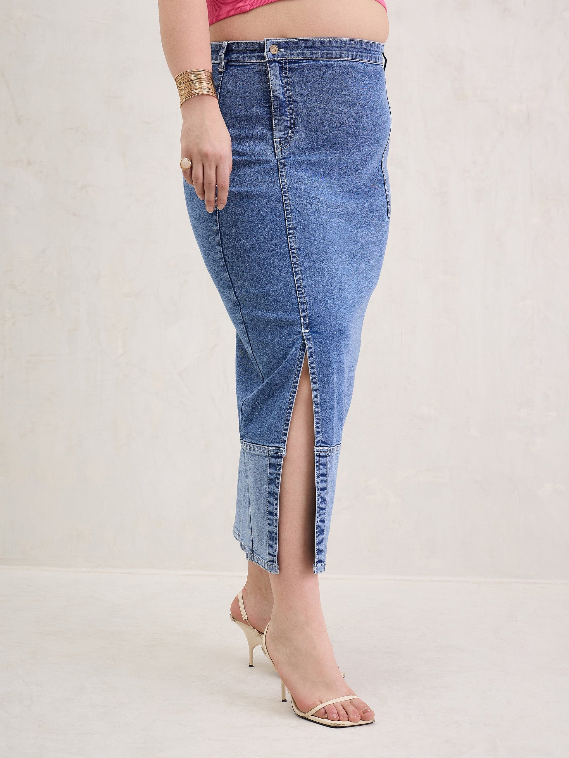 Ice Blue Denim Side Slit Skirt-SASSAFRAS Curve