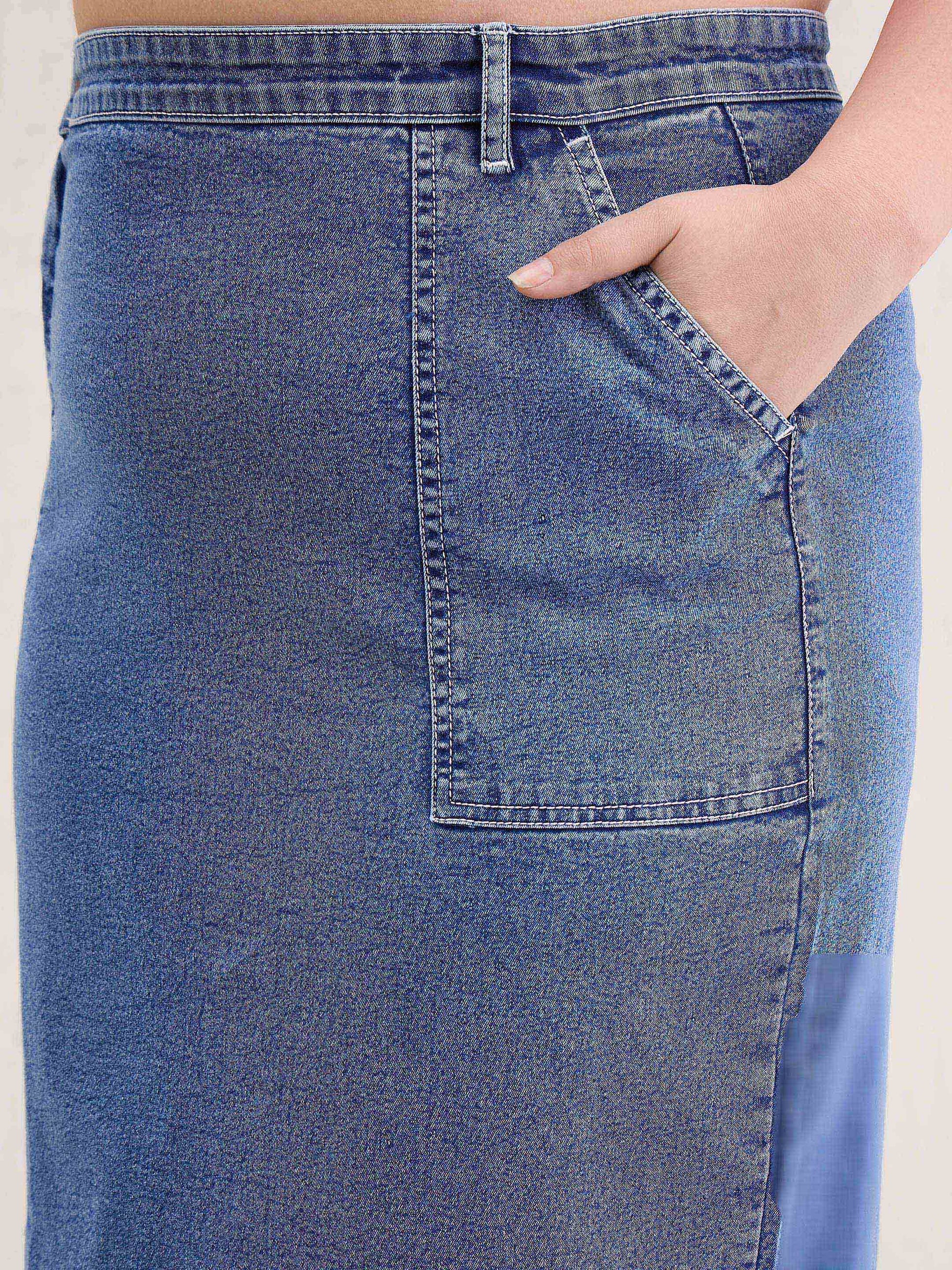 Ice Blue Denim Side Slit Skirt-SASSAFRAS Curve