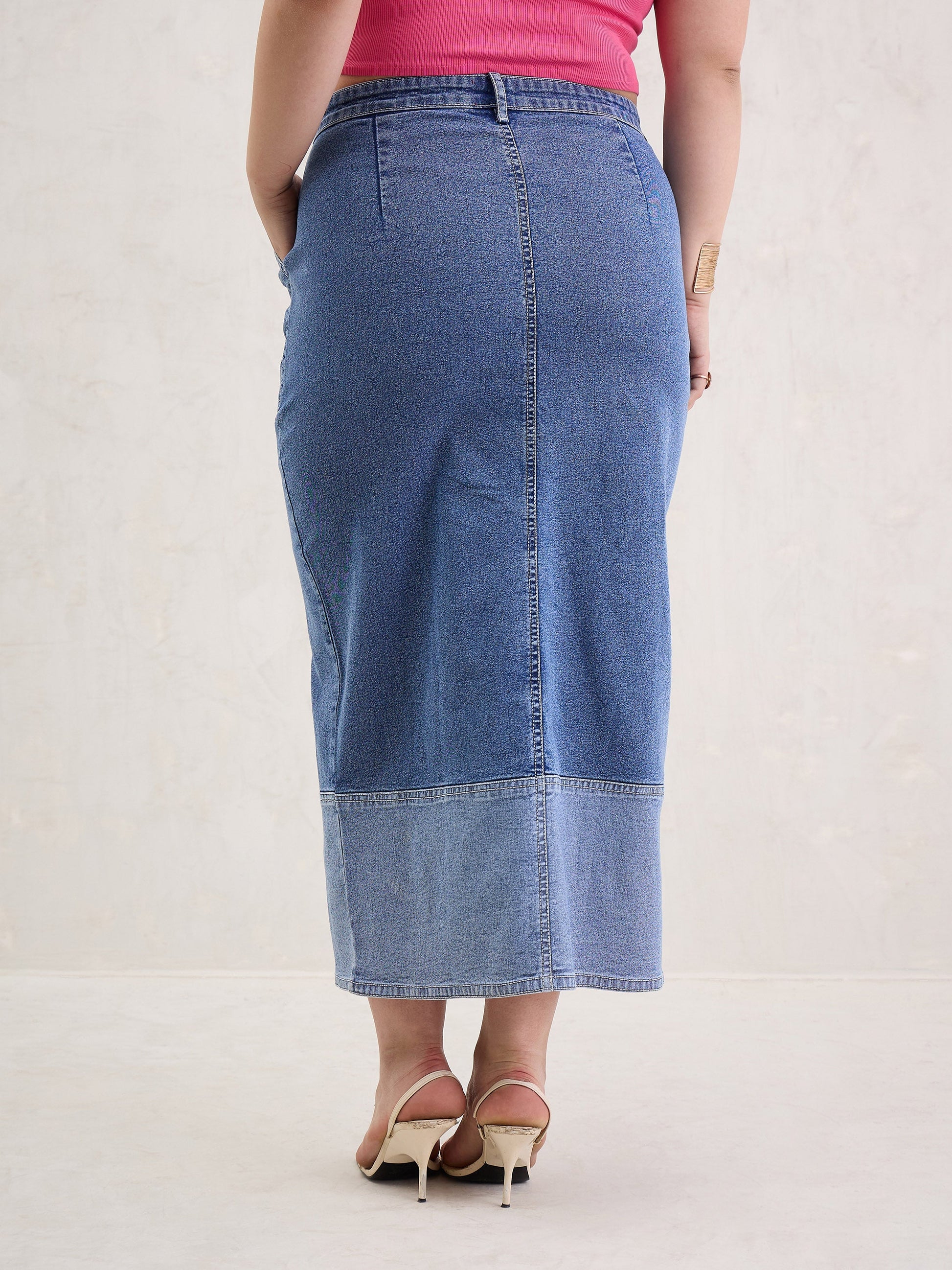 Ice Blue Denim Side Slit Skirt-SASSAFRAS Curve