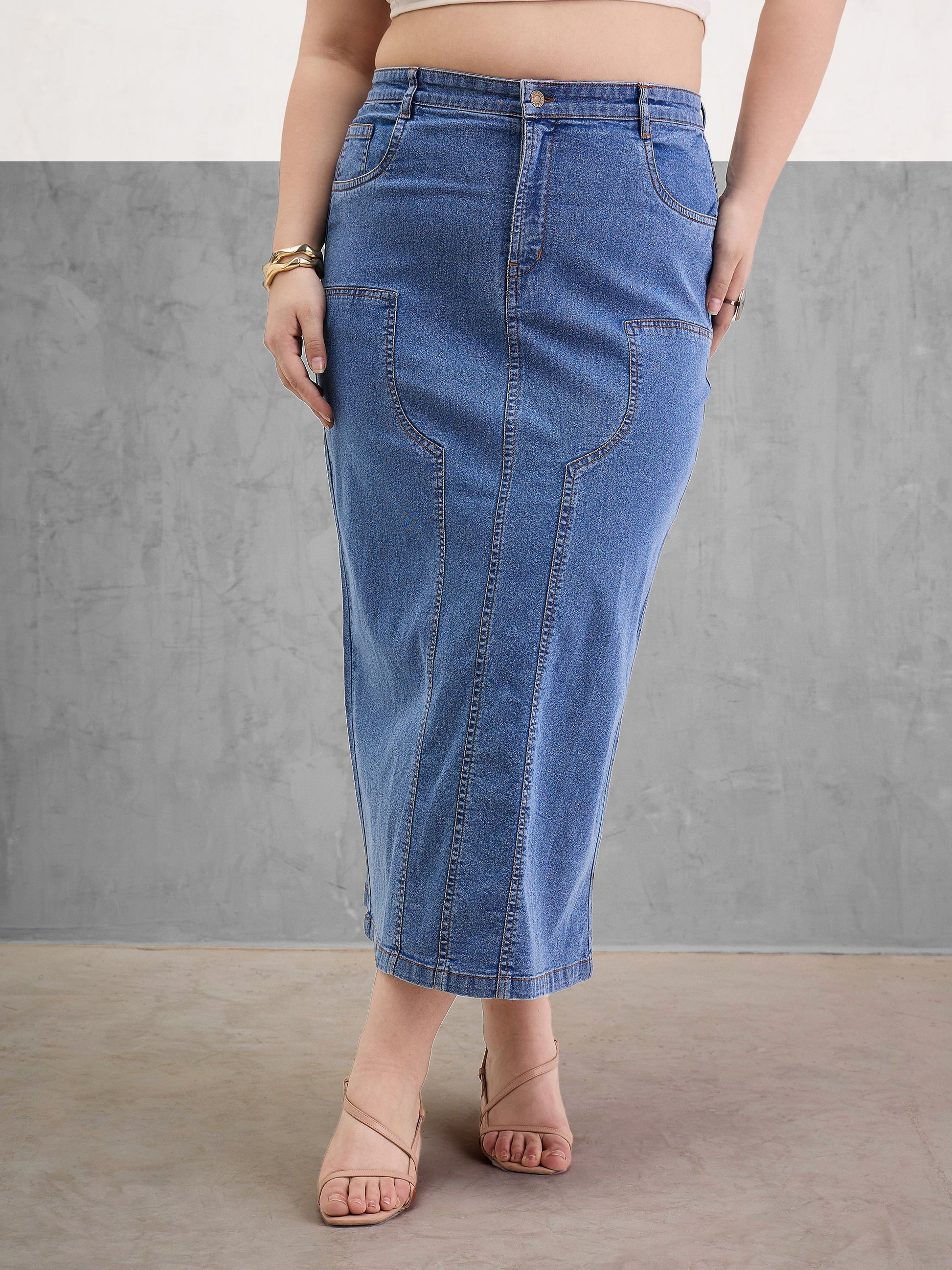 Plus size women's Blue Denim Blue Blast Denim Front Patch Midi Skirt by Sassafras Curve for wholesale buyers, boutiques, resellers and bulk orders