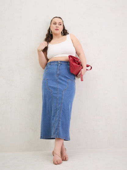 Blue Blast Denim Front Patch Midi Skirt-SASSAFRAS Curve