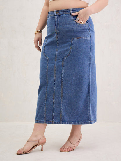 Blue Blast Denim Front Patch Midi Skirt-SASSAFRAS Curve