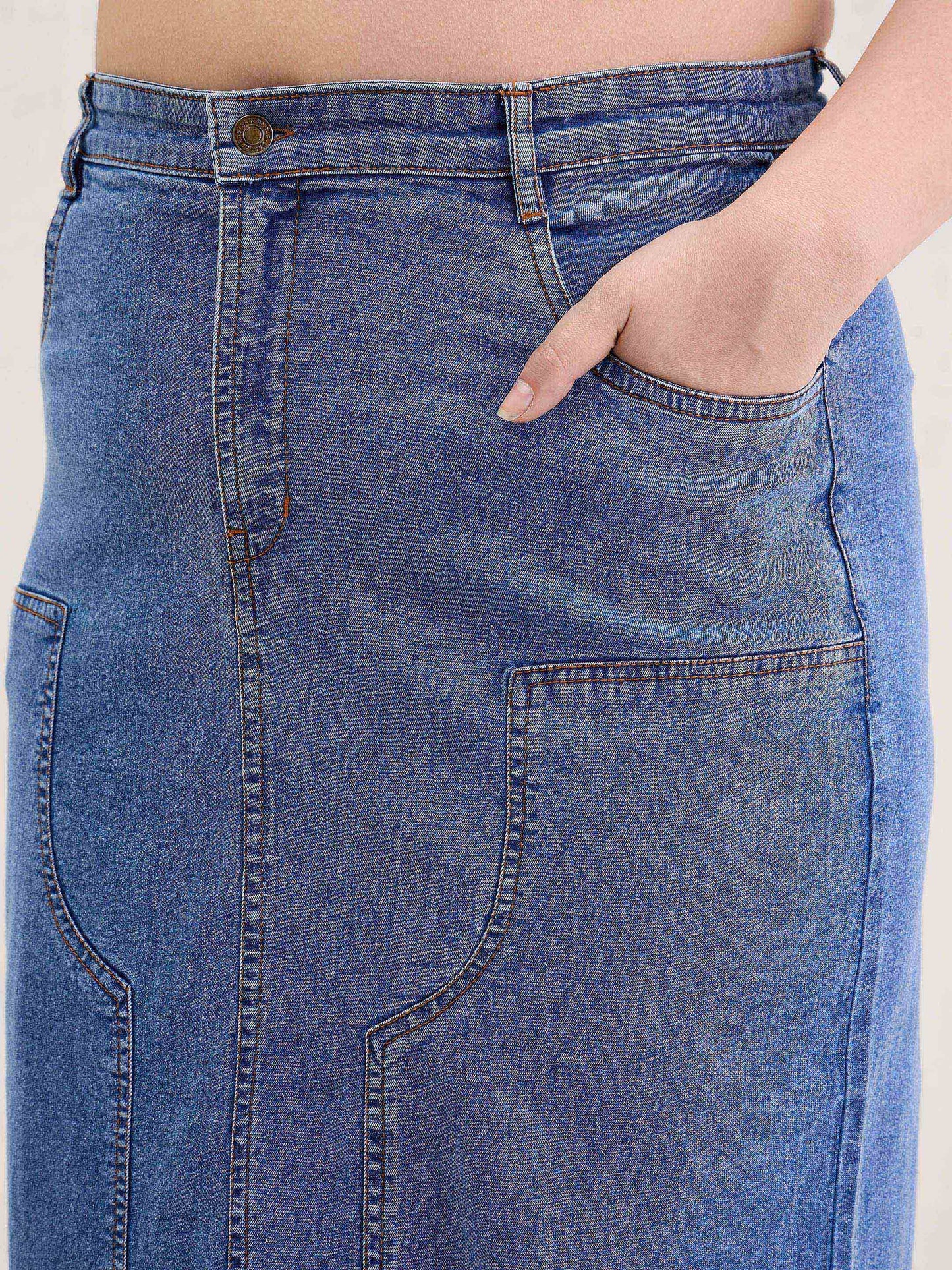 Blue Blast Denim Front Patch Midi Skirt-SASSAFRAS Curve