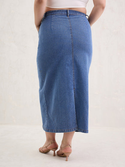 Blue Blast Denim Front Patch Midi Skirt-SASSAFRAS Curve