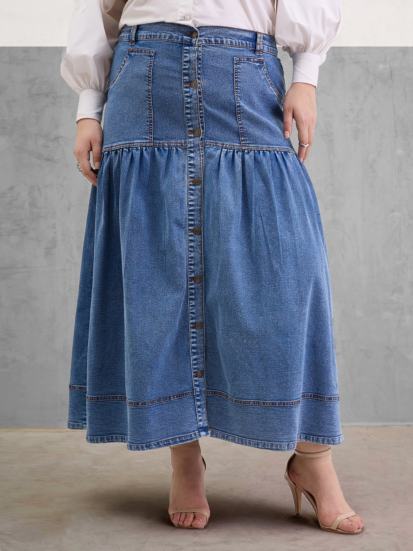 Ice Blue Denim Front Button Maxi Skirt