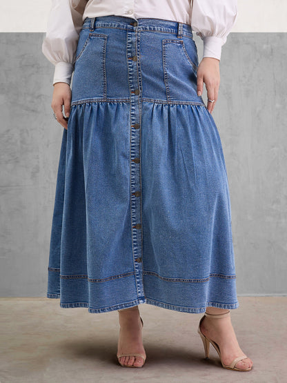 Ice Blue Denim Front Button Maxi Skirt