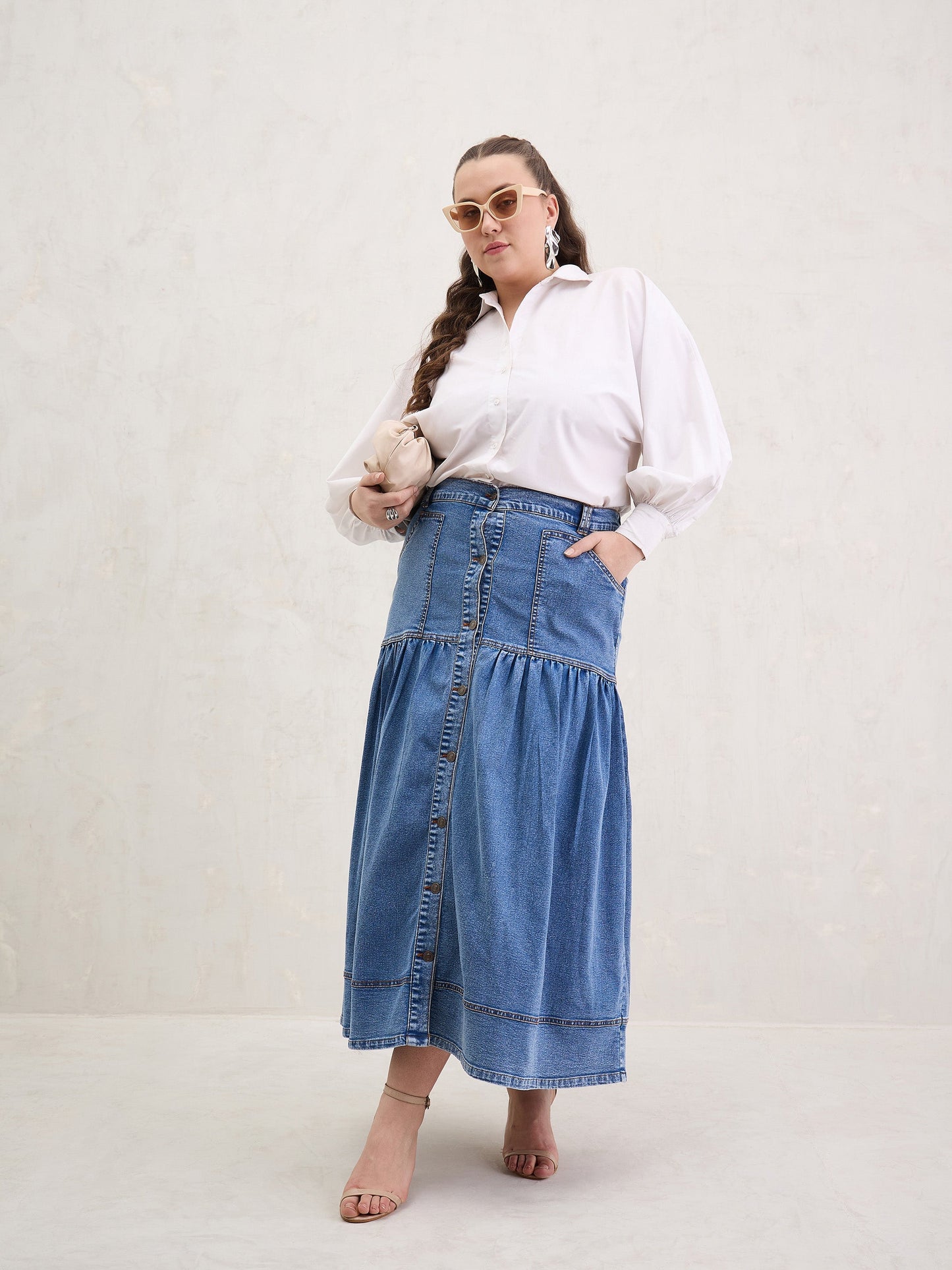 Ice Blue Denim Front Button Maxi Skirt