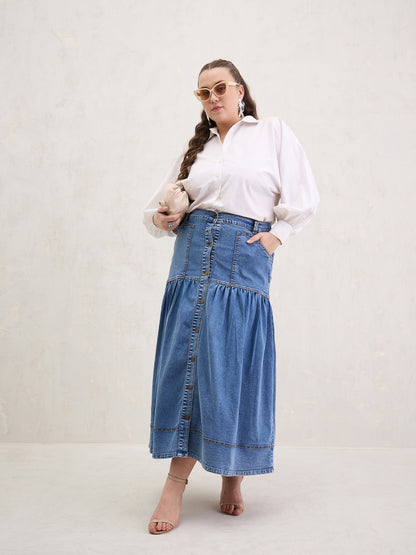 Ice Blue Denim Front Button Maxi Skirt