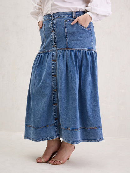 Ice Blue Denim Front Button Maxi Skirt