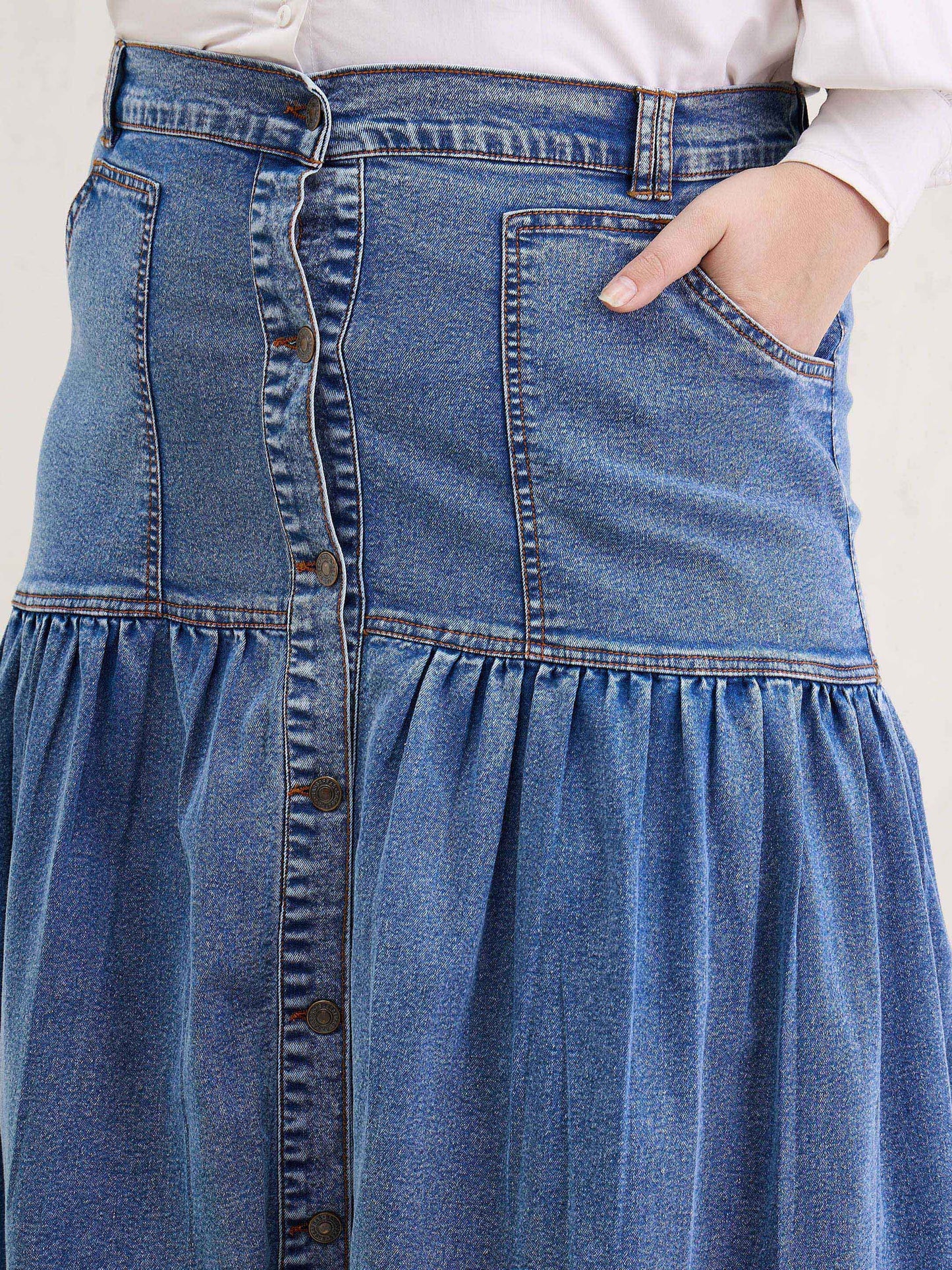 Ice Blue Denim Front Button Maxi Skirt