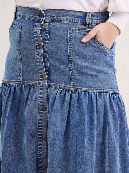 Ice Blue Denim Front Button Maxi Skirt